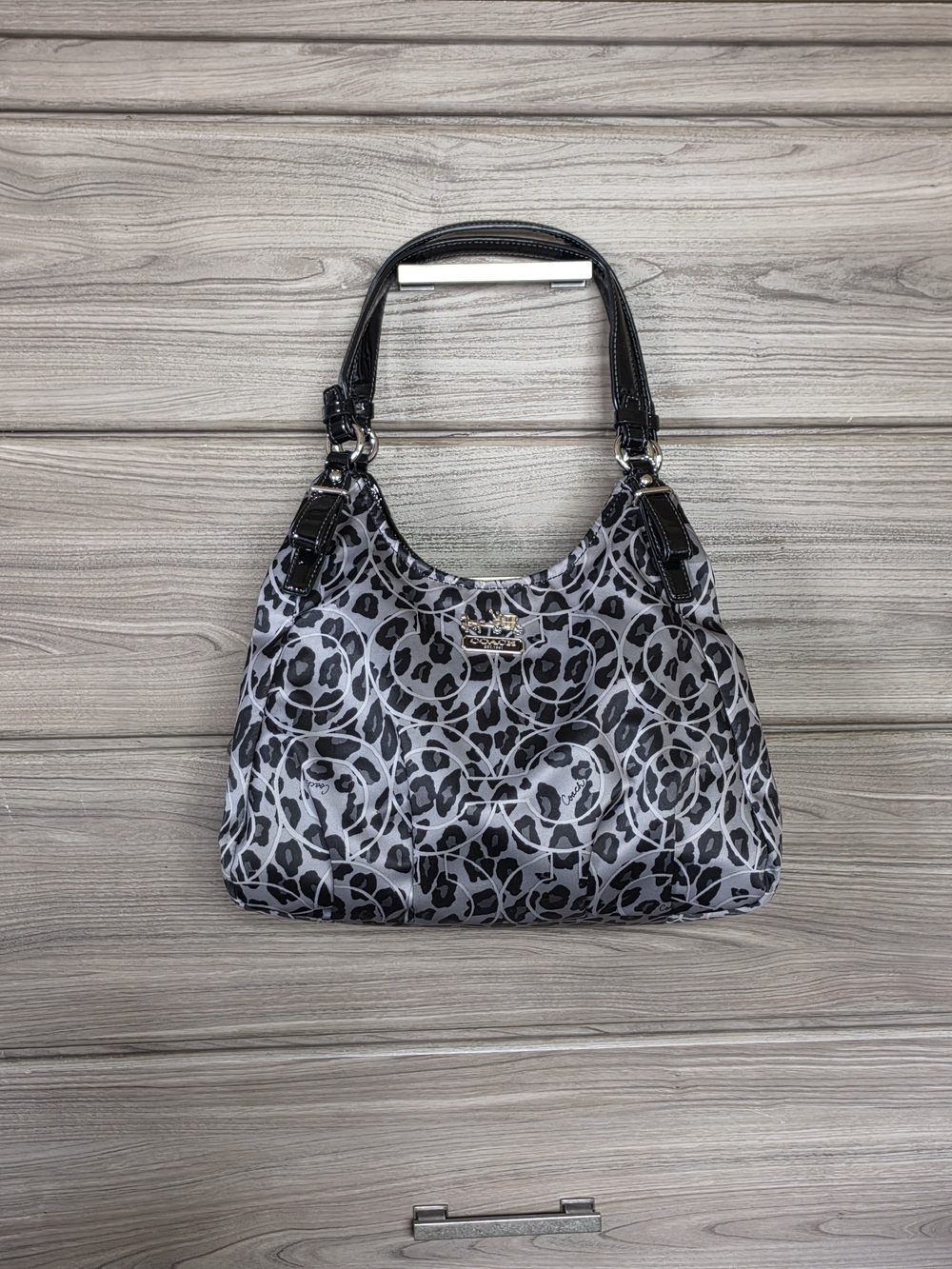 Coach Black and Gray Signature Leopard Hobo Bag